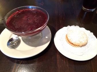 Dessert is served! From left to right: Mazamorra Morada (made from purple corn & fruit) and Alfajores (a Caramel sandwich), which are traditional Peruvian desserts. Photo: Jessie De La O